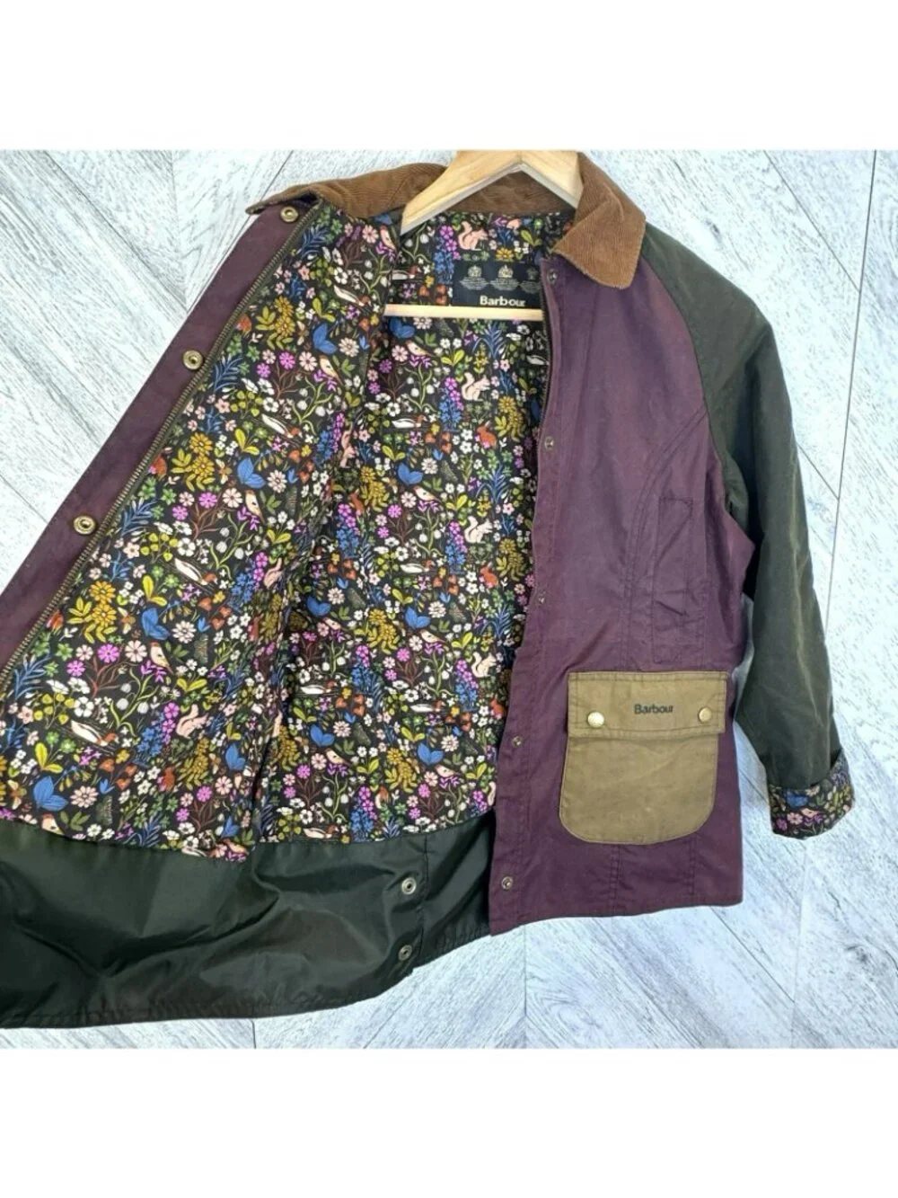 Barbour Kids XL 12/13 Beadnell Wax Jacket Colorblock Floral Woodland Lining - Picture 7 of 11